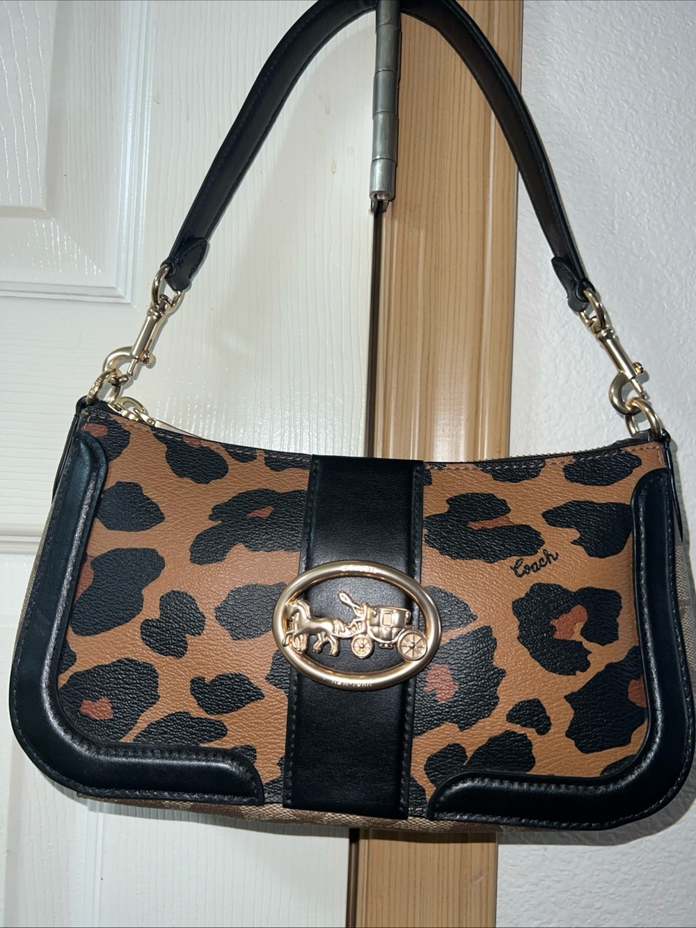 Coach Brown and Black Leopard Print Leather Shoulder Bag with Gold Accent